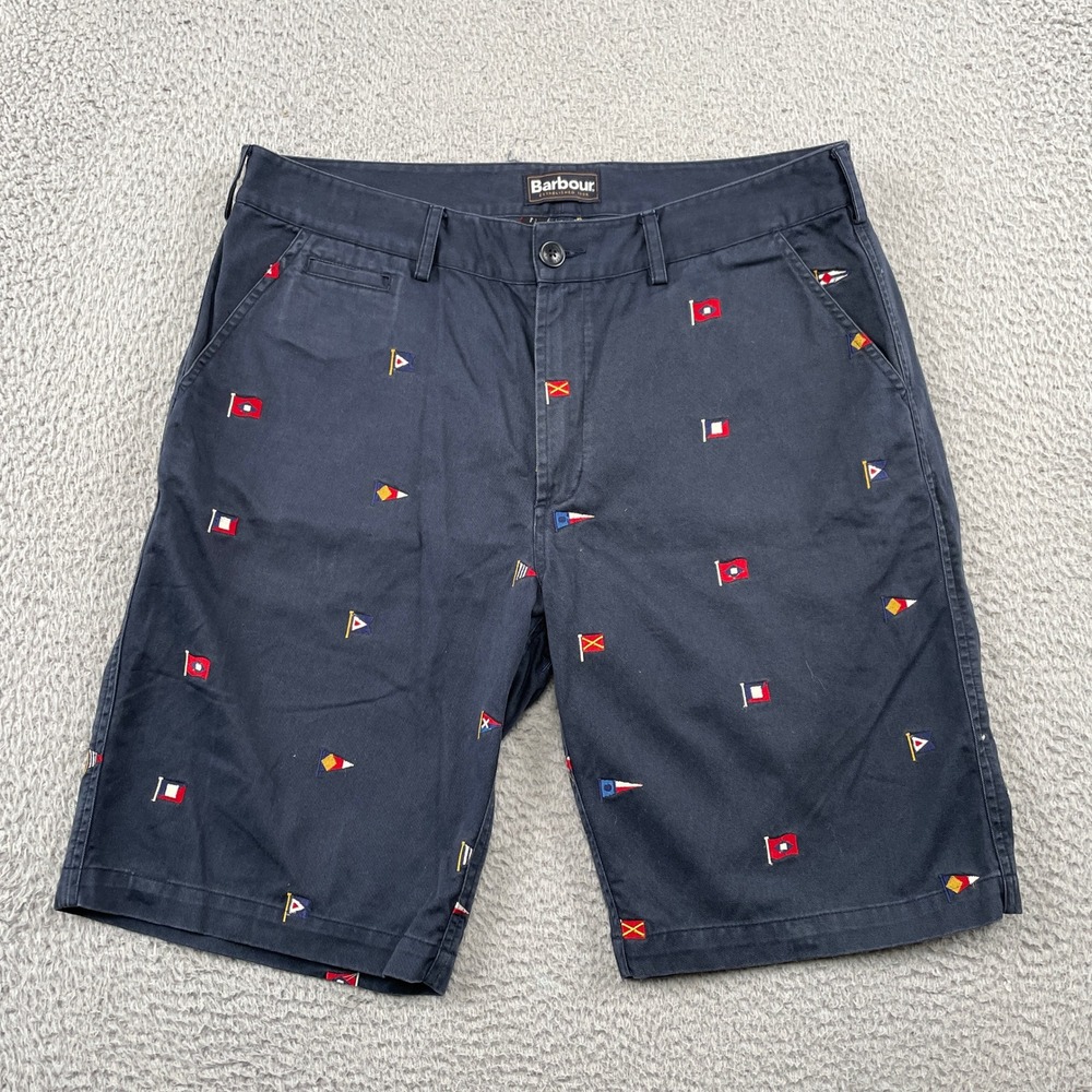 Barbour Shorts Mens 36 Navy Blue Nautical Signal Flag Chino Embroidered Cotton